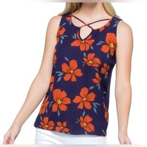 Fortune & Ivy L Blue Red Orange Floral Sleeveless Boho Flowy Blouse